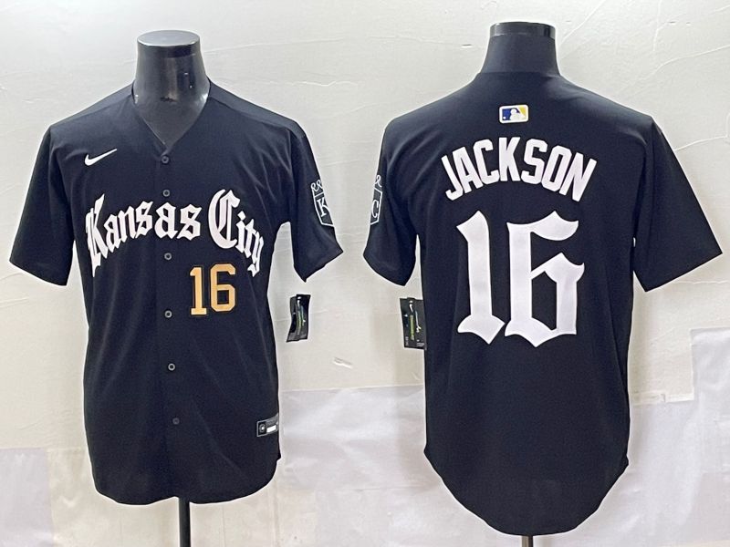 Men 2025 Kansas City Royals #16 Jackson Black Five generations Joint Name Nike MLB Jersey style 3